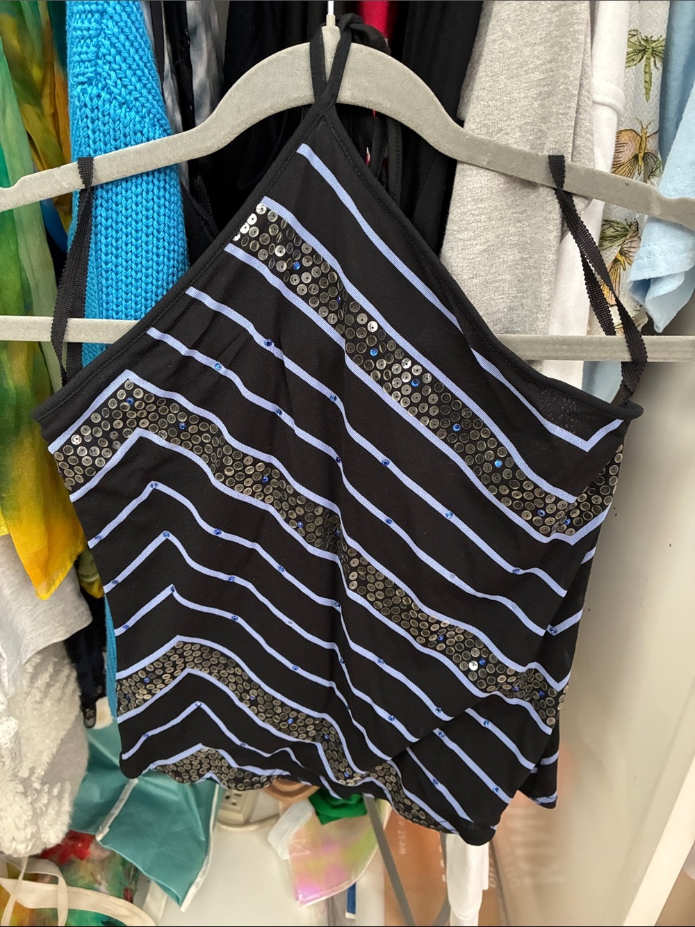 Express sequined halter top Black and Lilac Sequin Stripe size Medium y2K style